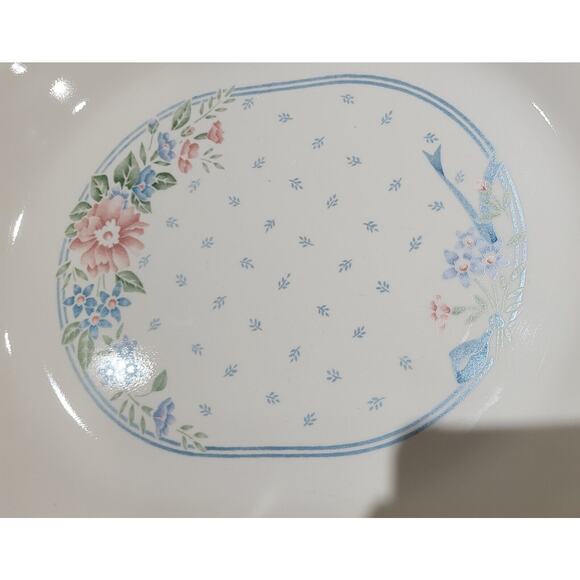 Corelle Blue Symphony 12 1/4" x 10" Platter Blue Stripe Peach Flower - Picture 8 of 11